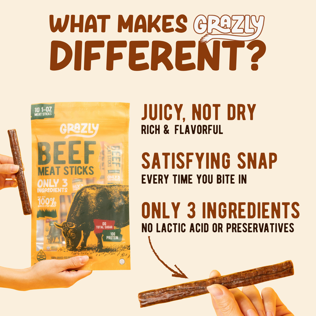 Grass-Fed Beef Meat Sticks - Plain, 100% American Made, High Protein Snack