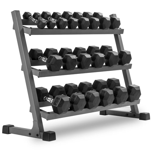 5-50 lb Rubber Hex Dumbbell Set with Commercial 3-Tier Storage Rack