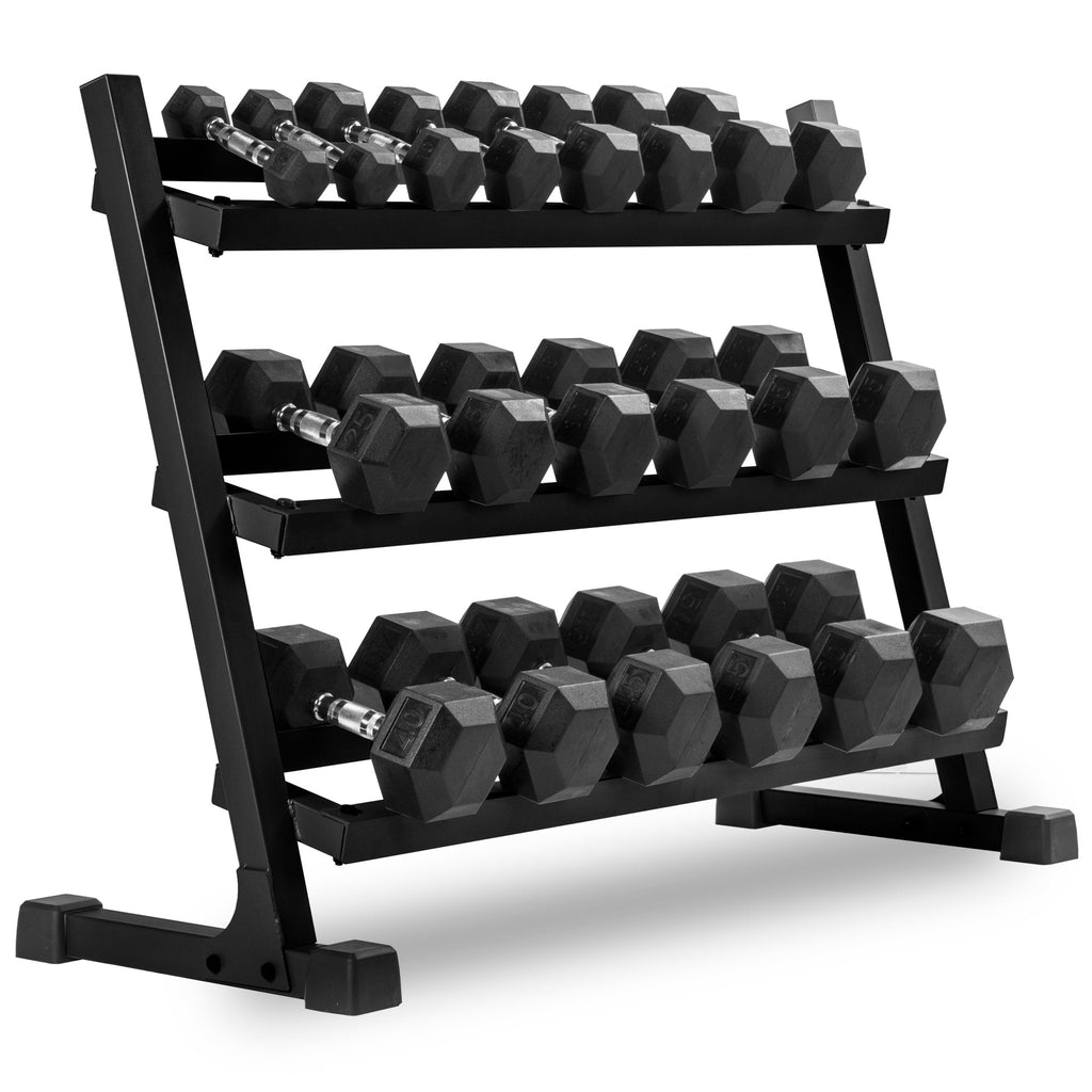 5-50 lb Rubber Hex Dumbbell Set with Commercial 3-Tier Storage Rack