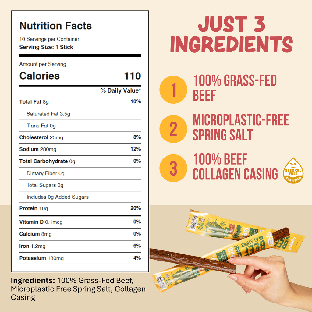 Grass-Fed Beef Meat Sticks - Plain, 100% American Made, High Protein Snack