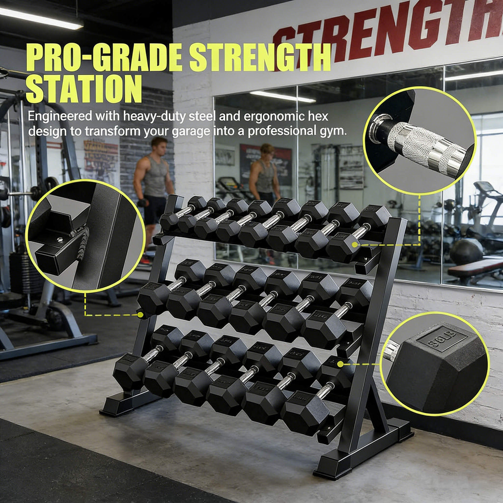 Rovix Rubber Hex Dumbbell Set with Rack — 5 to 35 LB Pairs