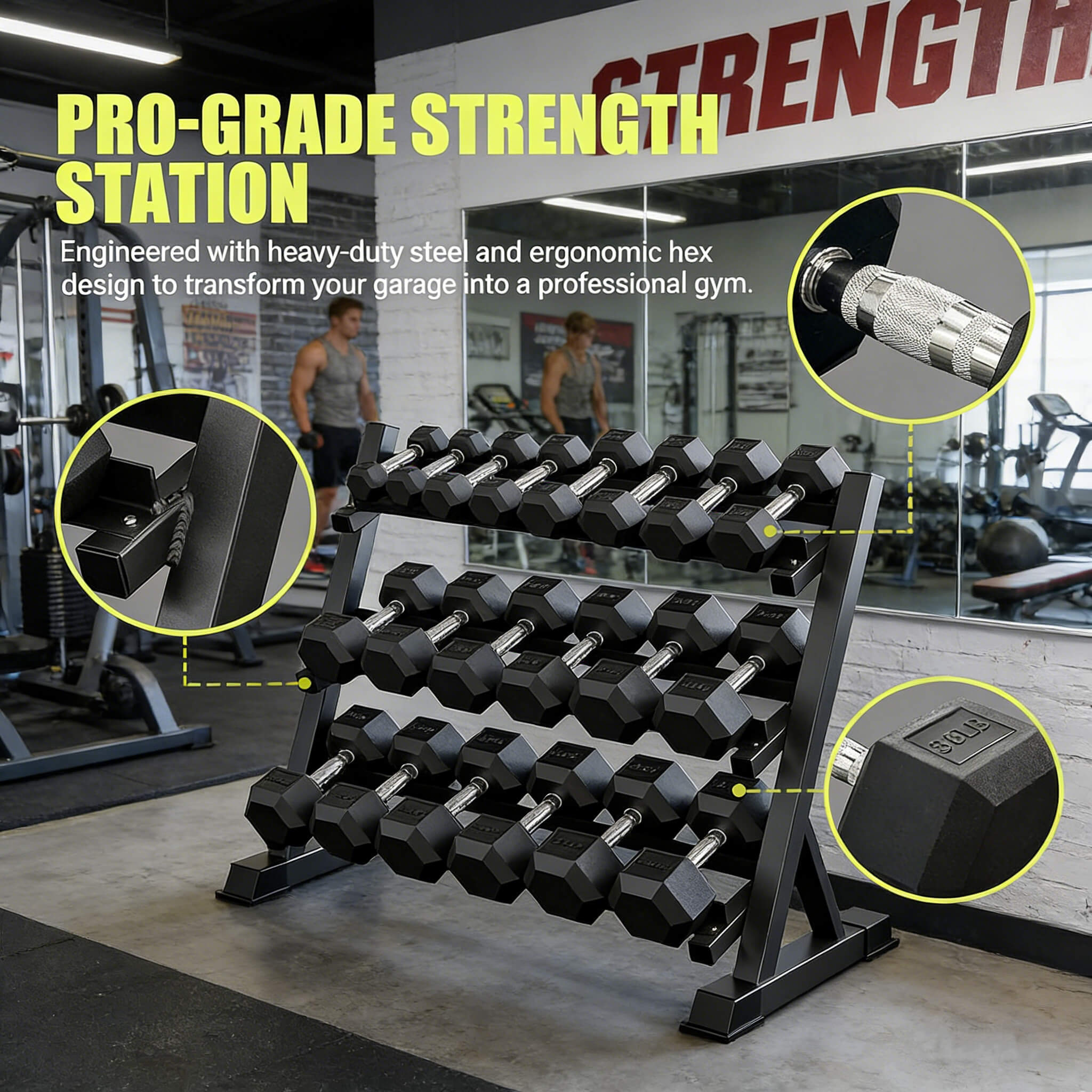 Rovix Rubber Hex Dumbbell Set with Rack — 5 to 35 LB Pairs