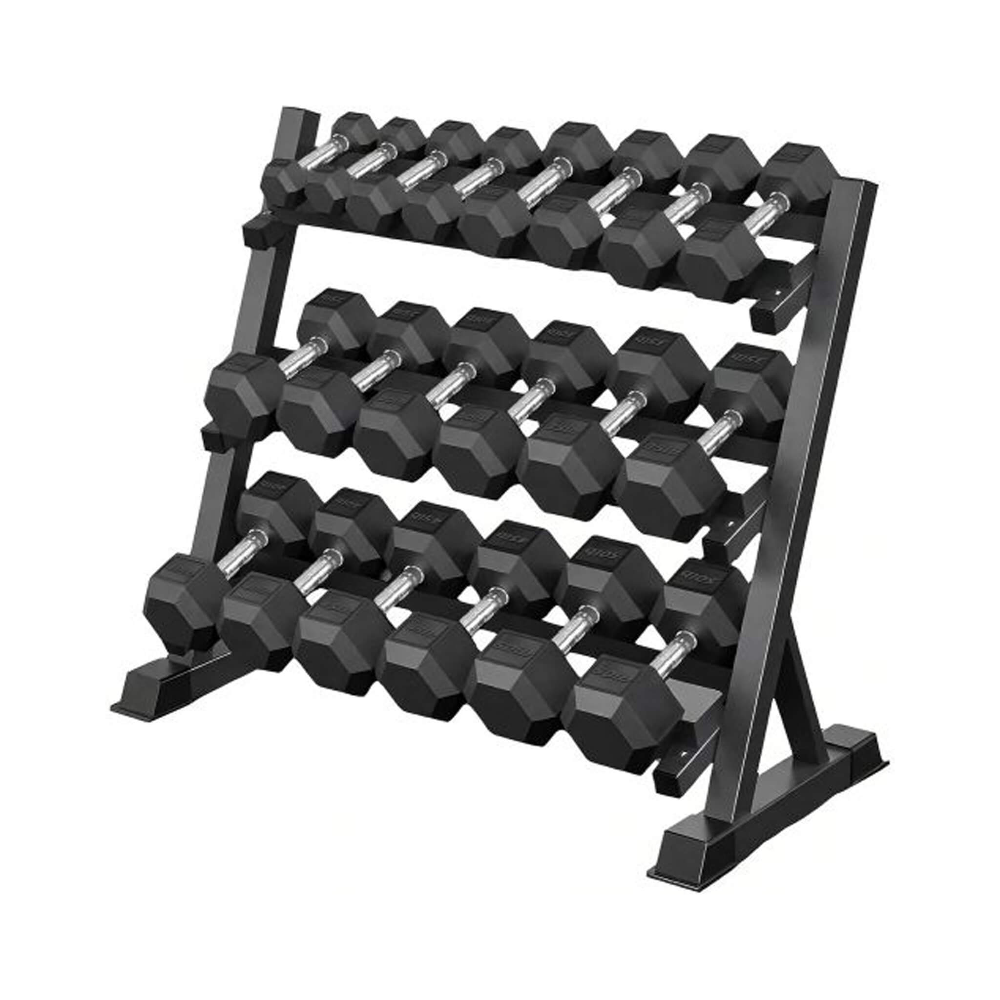 Rovix Rubber Hex Dumbbell Set with Rack — 5 to 35 LB Pairs