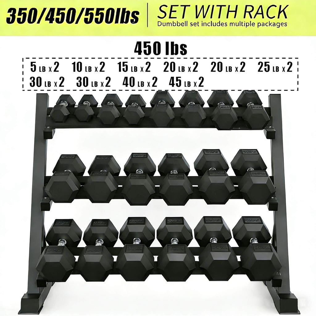 Rovix Rubber Hex Dumbbell Set with Rack — 5 to 35 LB Pairs