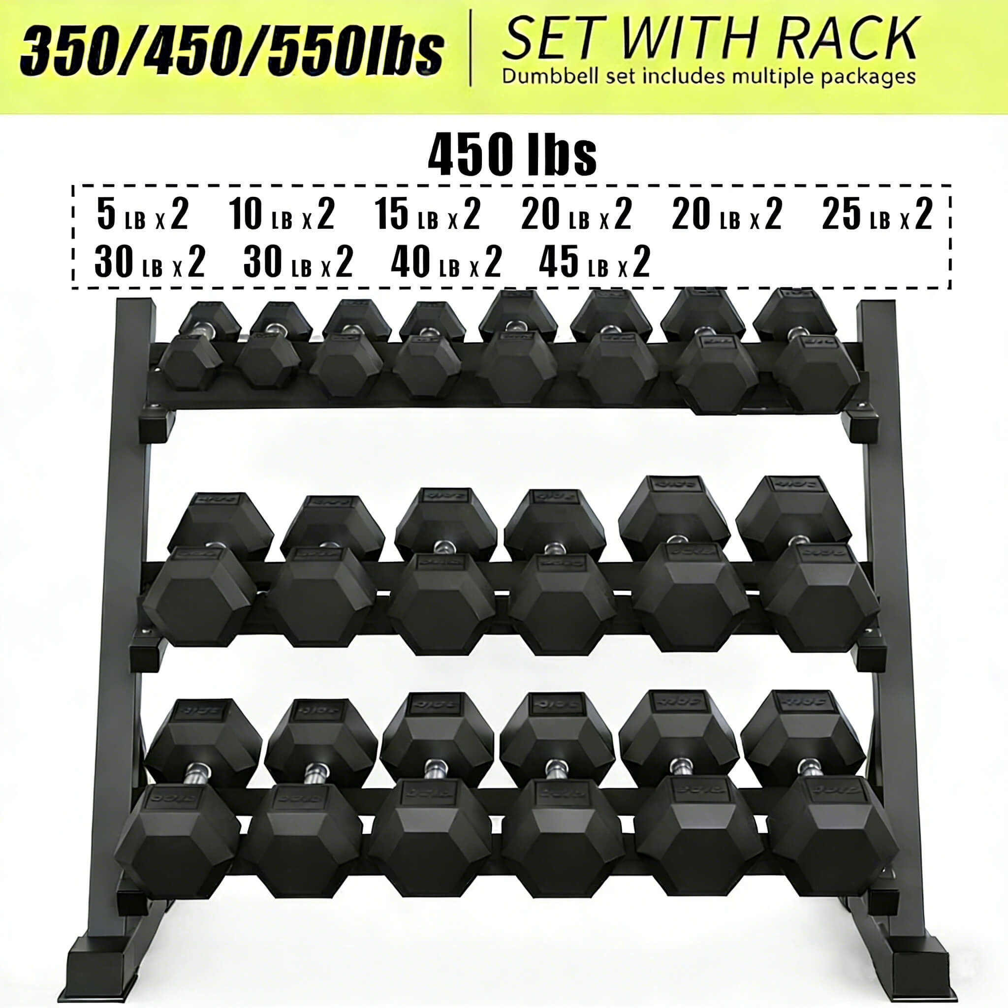 Rovix Rubber Hex Dumbbell Set with Rack — 5 to 35 LB Pairs