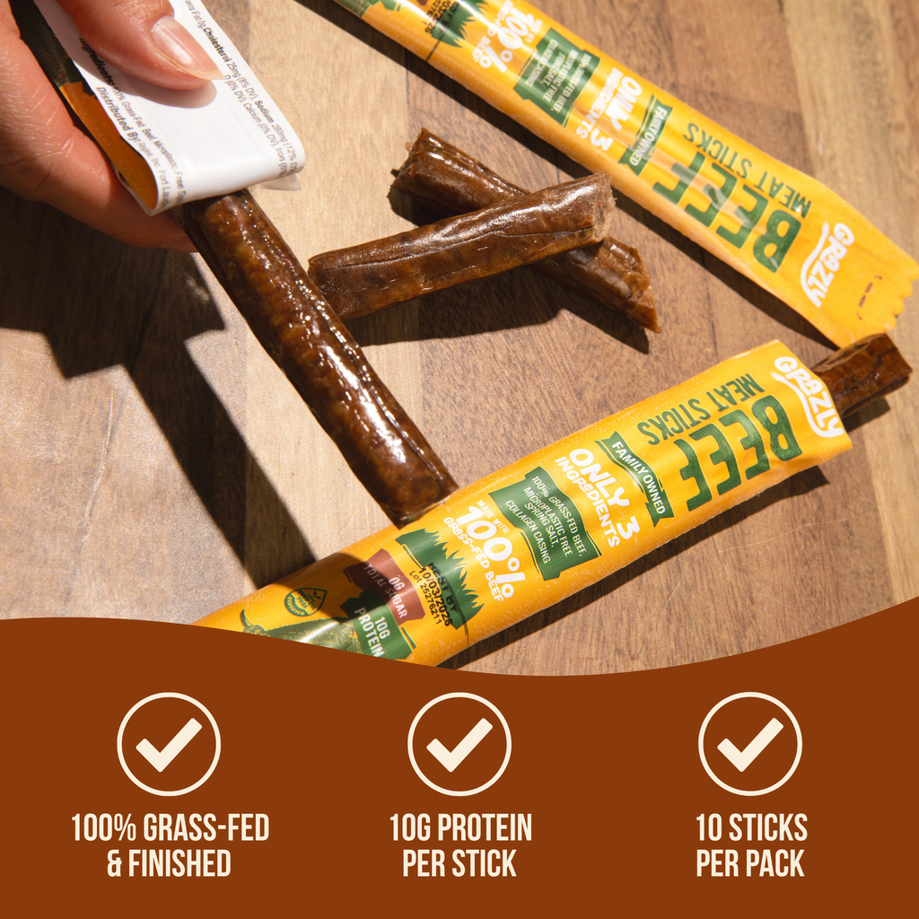 Grass-Fed Beef Meat Sticks - Plain, 100% American Made, High Protein Snack