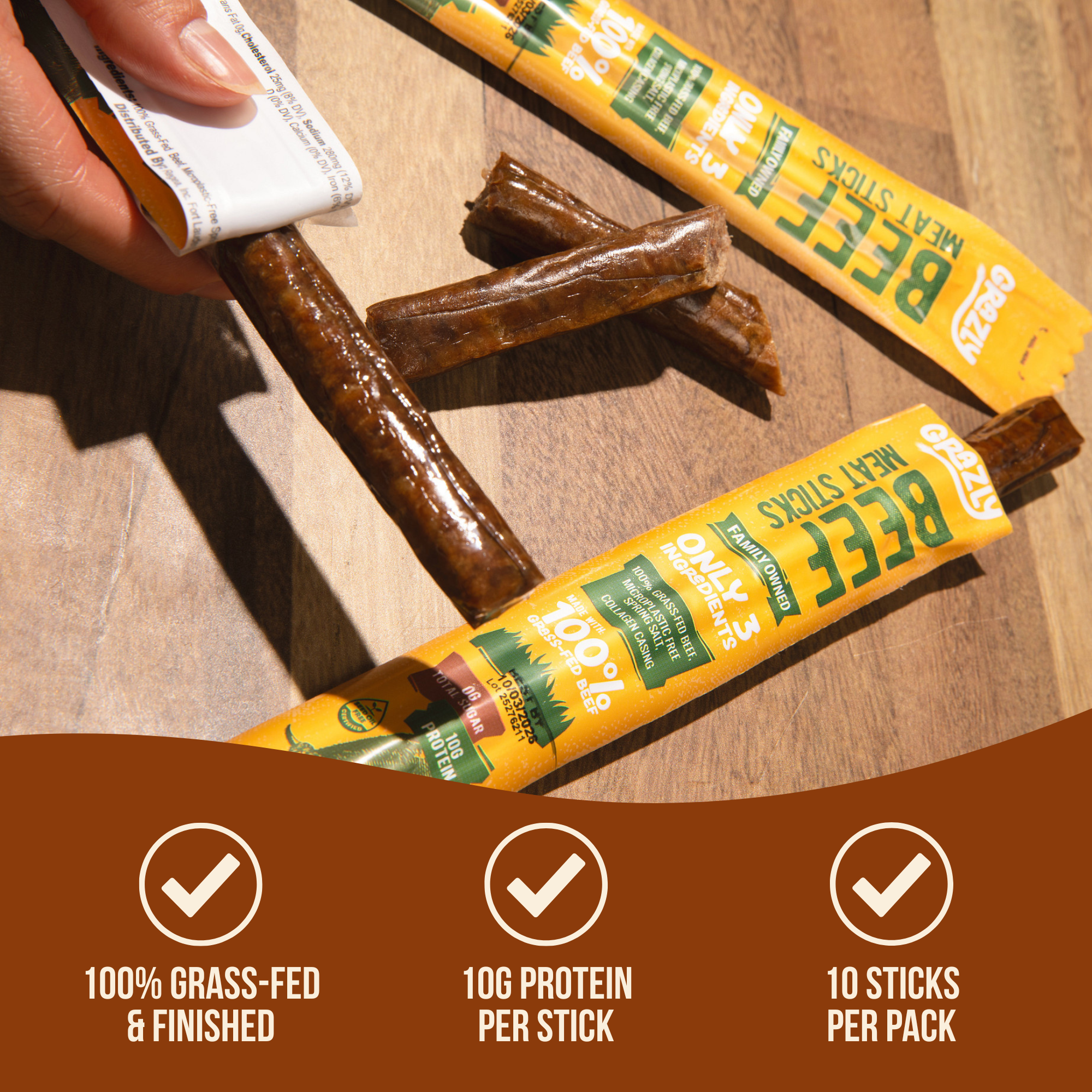 Grass-Fed Beef Meat Sticks - Plain, 100% American Made, High Protein Snack