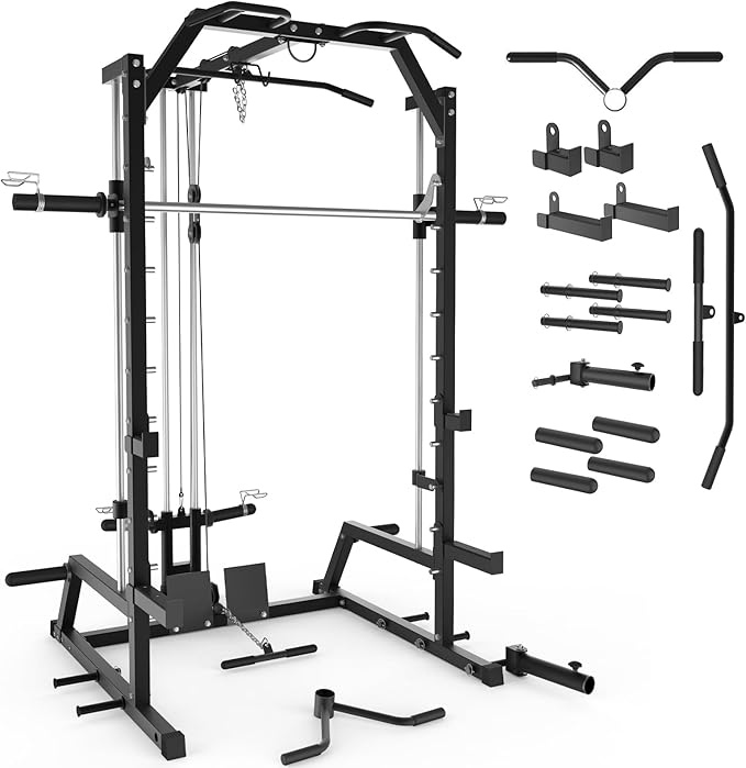 All-in-One Smith Machine & Power Cage with LAT Pulldown – Home Gym
