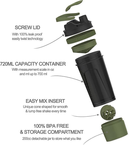 Artoid Sports Protein Shaker Bottle, 24-Ounce, Dual Mixing Technology, BPA Free, Black/Moss Green
