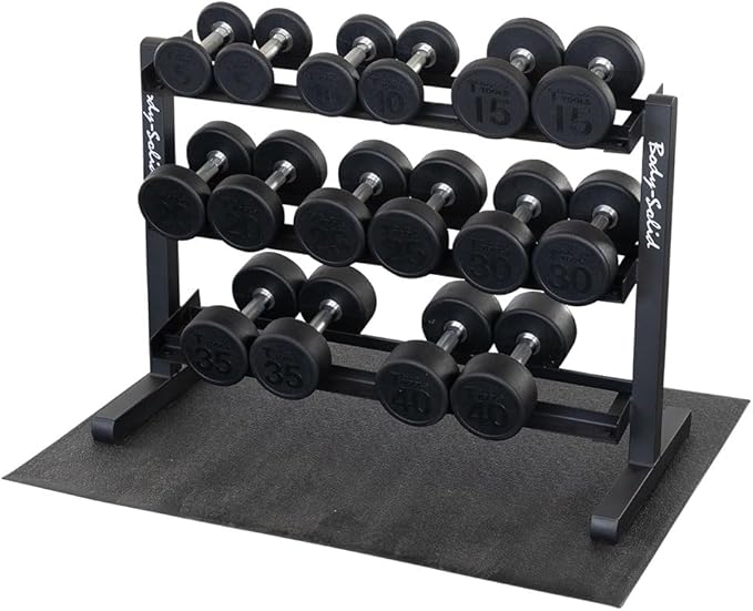 Body-Solid Round Rubber Dumbbell Set with Rack & Floor Mat | 5-40 lb Pairs