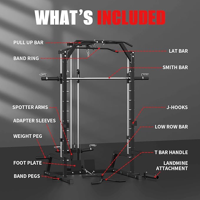 All-in-One Smith Machine & Power Cage with LAT Pulldown – Home Gym