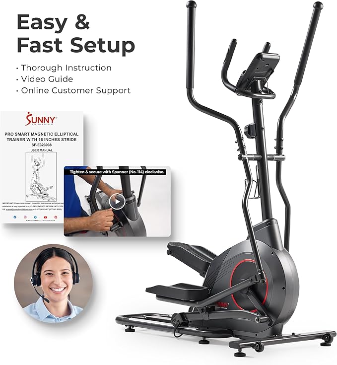 Sunny Health & Fitness Smart Upright Elliptical | 16" Stride, 16-Level Resistance, 300LB Capacity