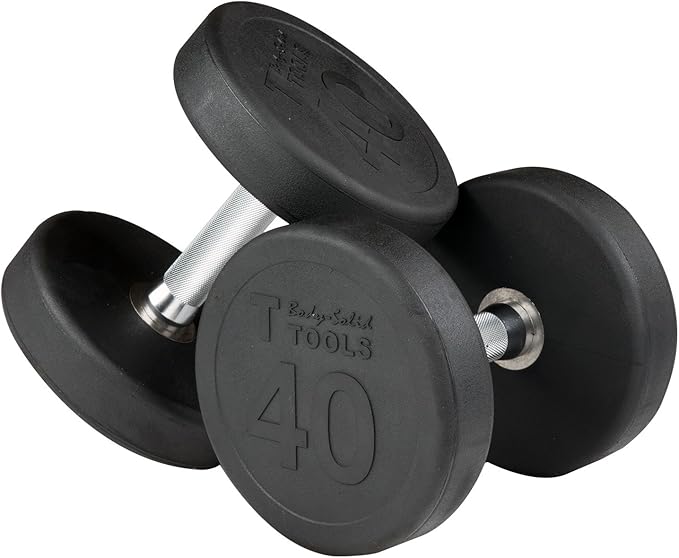Body-Solid Round Rubber Dumbbell Set with Rack & Floor Mat | 5-40 lb Pairs