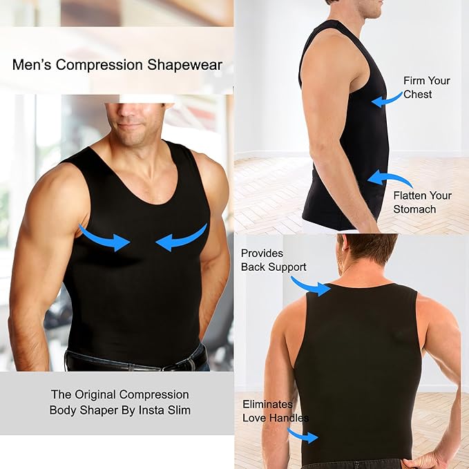 Insta Slim Men's Compression Tank-Top Shapewear | Made in USA | Tummy Control & Back Support
