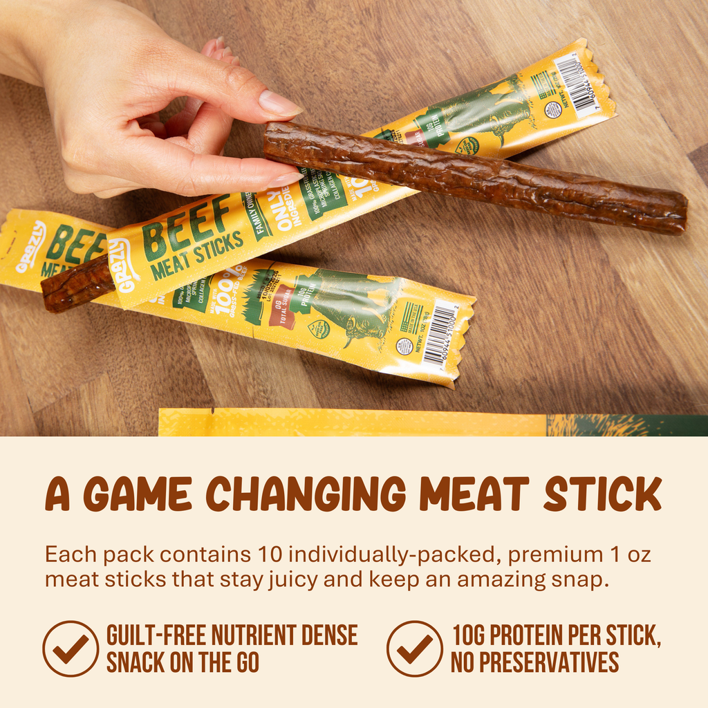 Grass-Fed Beef Meat Sticks - Plain, 100% American Made, High Protein Snack