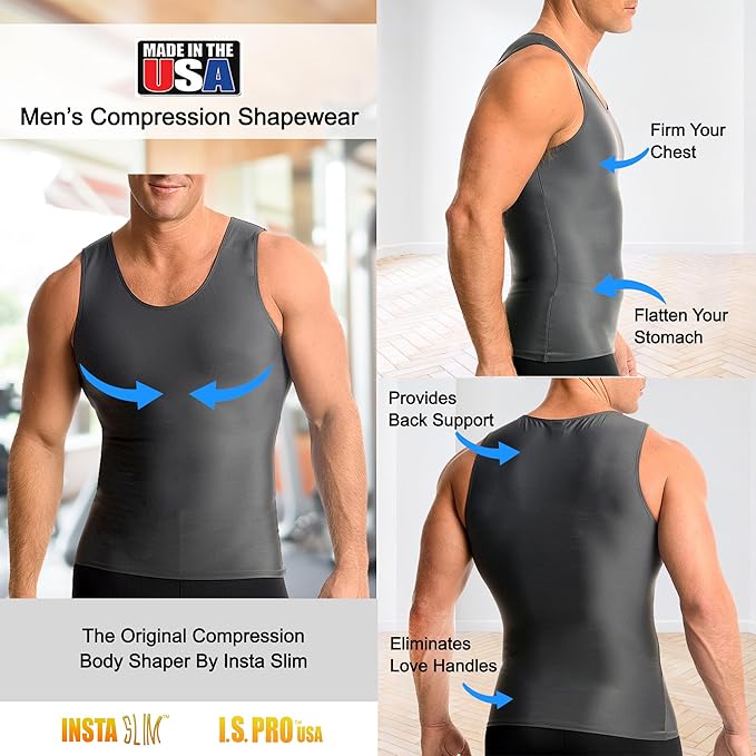 Insta Slim Men's Compression Tank-Top Shapewear | Made in USA | Tummy Control & Back Support