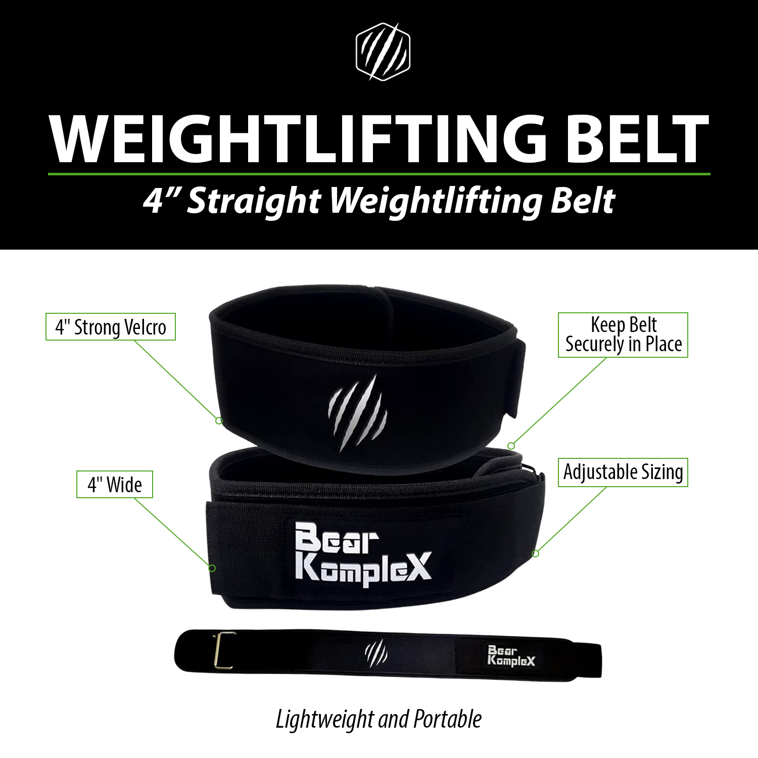 Bear KompleX 4" Straight Weightlifting Belt | Hook & Loop | Multiple Colors