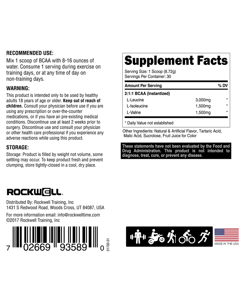 Rockwell Fit BCAA Amino Acids Supplement - Strawberry Coconut, 30 Servings