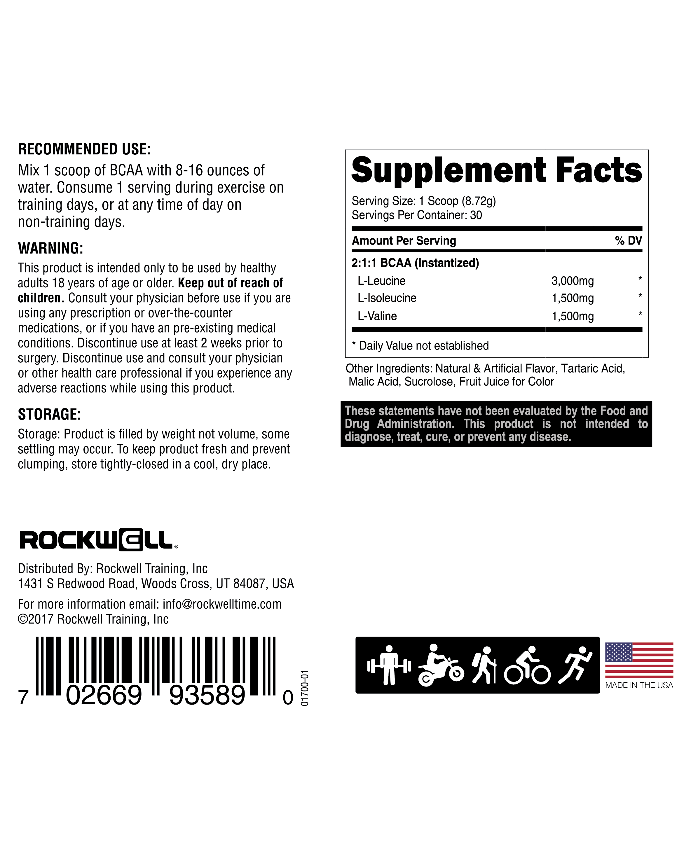 Rockwell Fit BCAA Amino Acids Supplement - Strawberry Coconut, 30 Servings