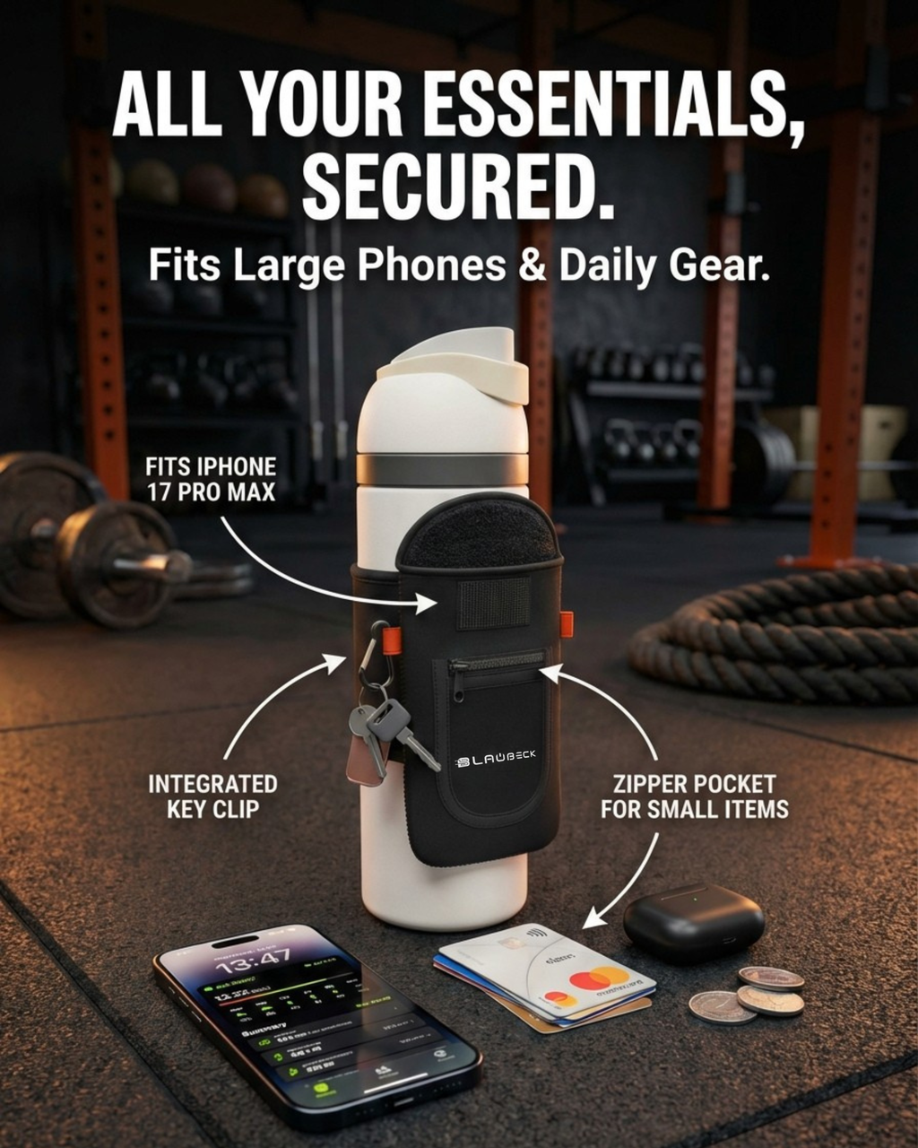 Magnetic Gym Bag with Large Phone Holder — Neoprene Water Bottle Sleeve