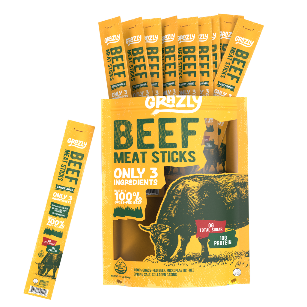 Grass-Fed Beef Meat Sticks - Plain, 100% American Made, High Protein Snack