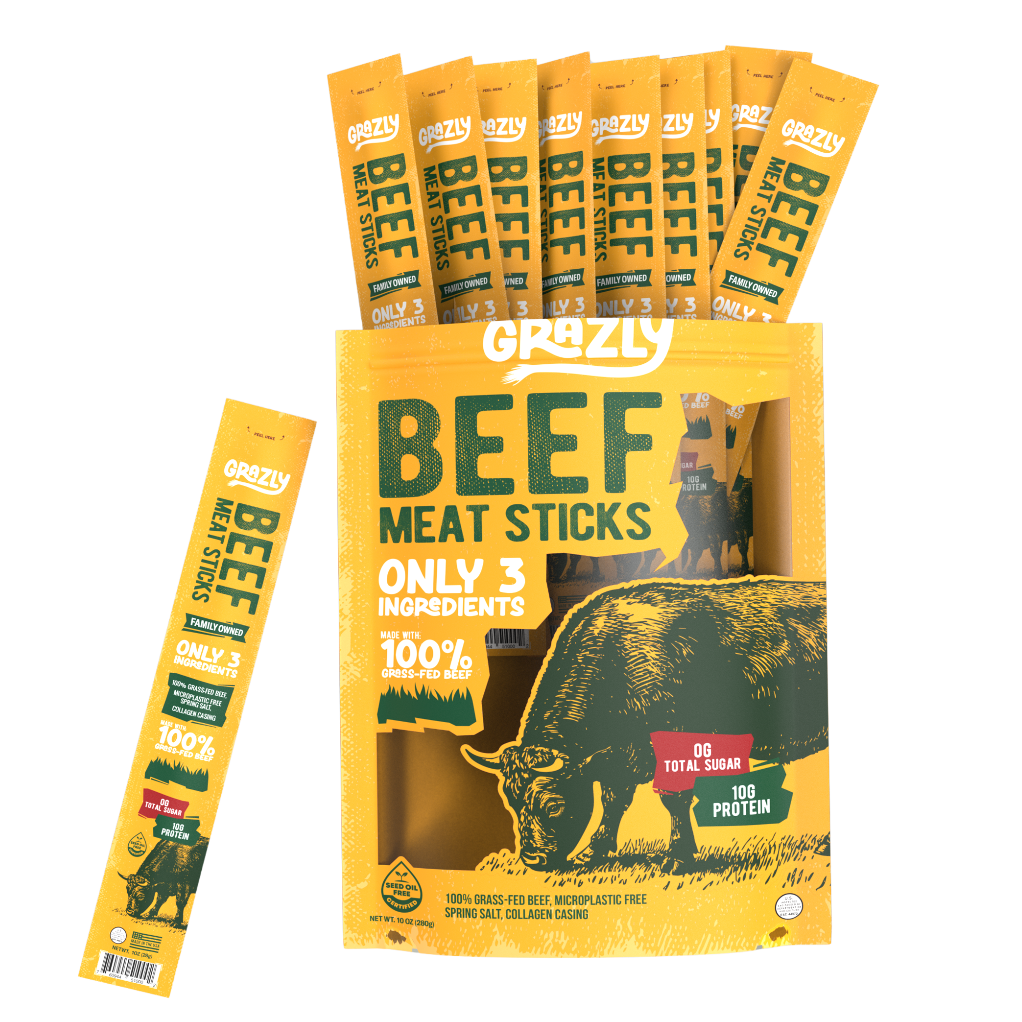 Grass-Fed Beef Meat Sticks - Plain, 100% American Made, High Protein Snack