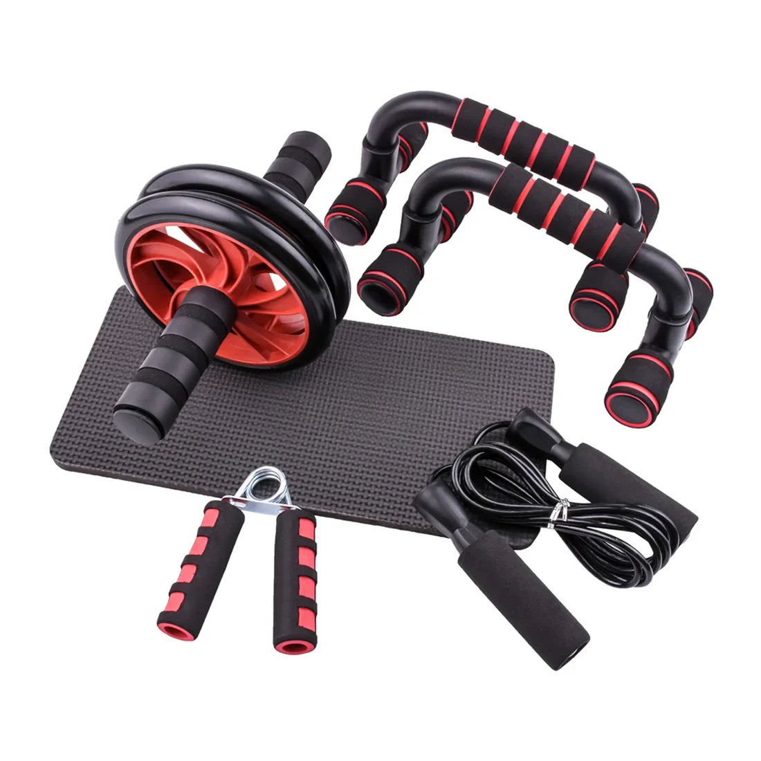 5-in-1 Home Gym Kit — Ab Roller, Jump Rope, Push-Up Stands, Hand Grips & Mat