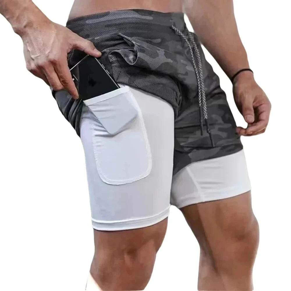 Men's 2-in-1 Camo Running Shorts — Quick-Dry with Compression Liner