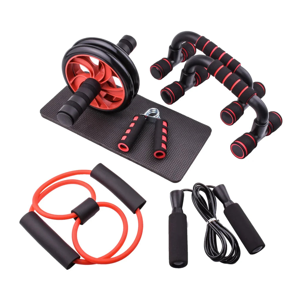 5-in-1 Home Gym Kit — Ab Roller, Jump Rope, Push-Up Stands, Hand Grips & Mat